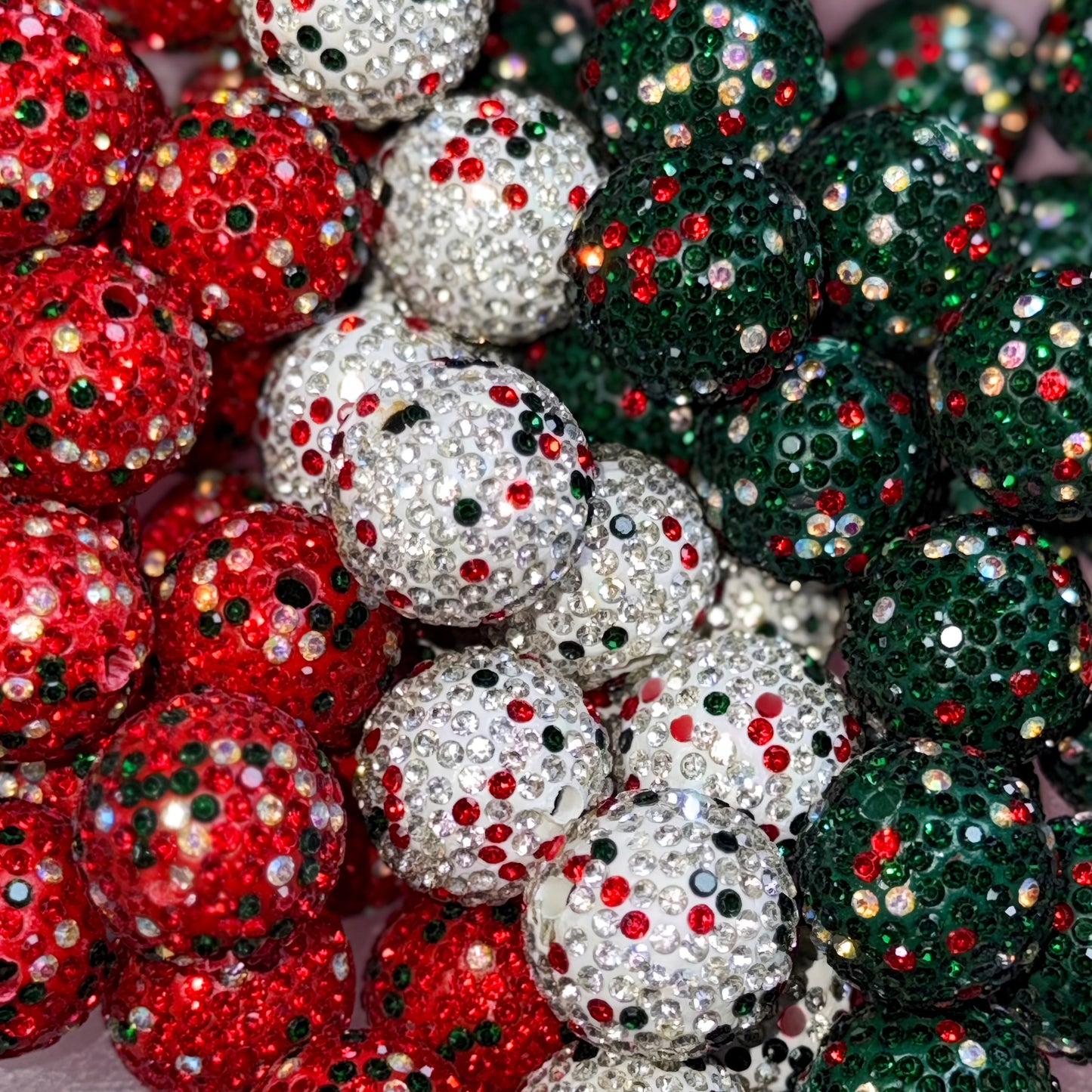Red, White or Green Christmas Rhinestone 20mm Clay Beads