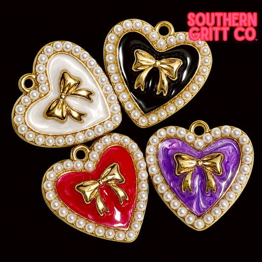 Gold Pearl Heart Bow Charm 1" (4 colors)