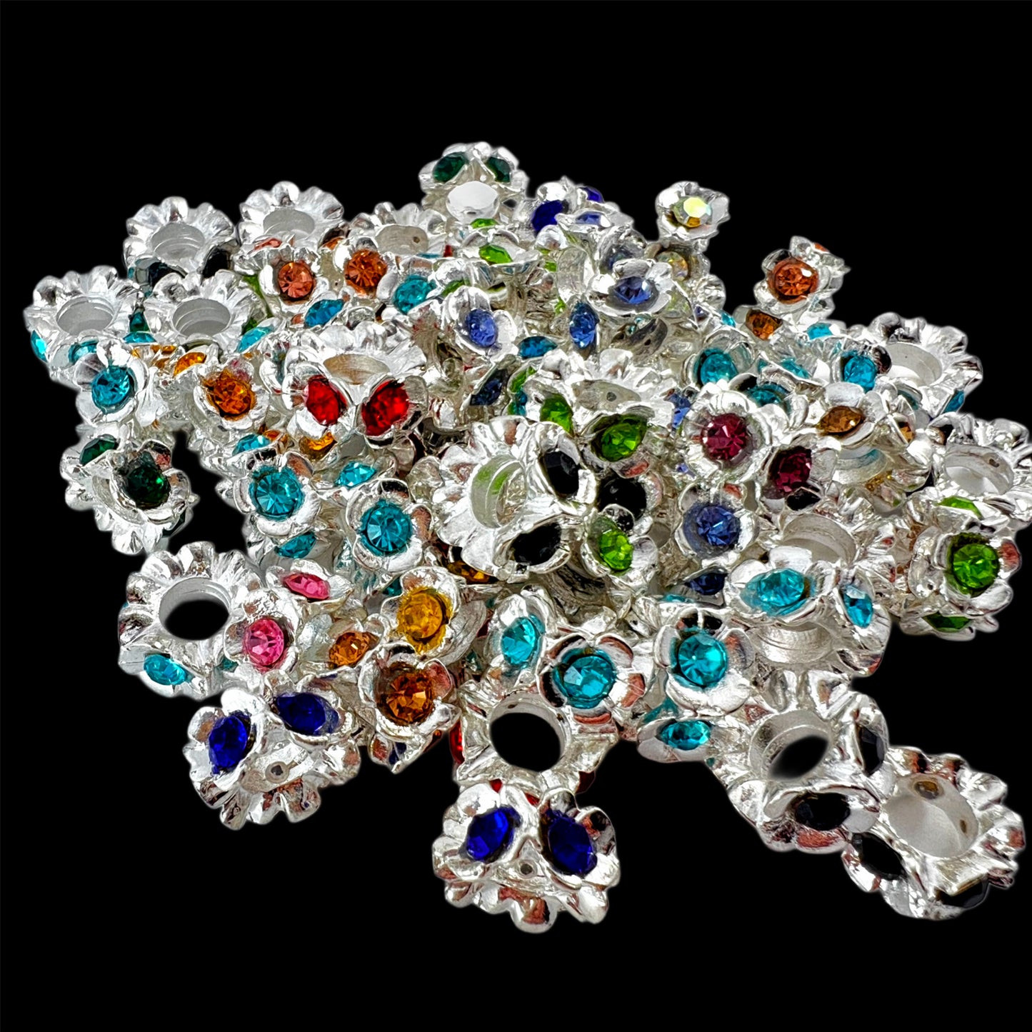 Silver Rainbow Mixed Rhinestone Flower Fancy Spacer Bead