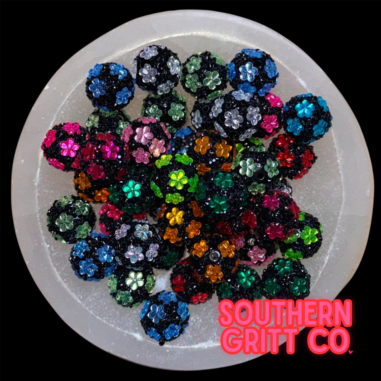 Aloha Floral Black Rhinestone Acrylic Bead Mix (5 count)