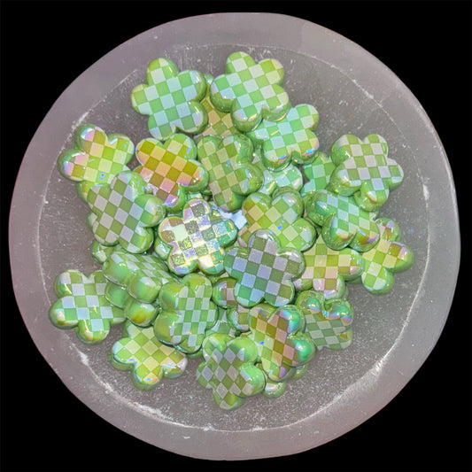 Lime & White Checkered Daisy 25mm Acrylic Bead