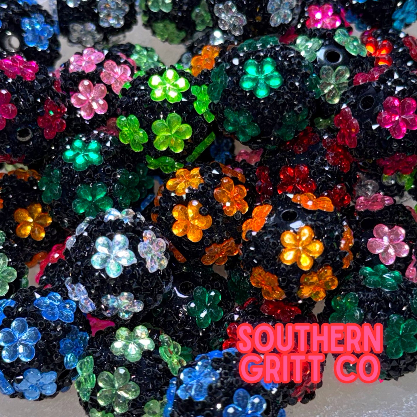 Aloha Floral Black Rhinestone Acrylic Bead Mix (5 count)