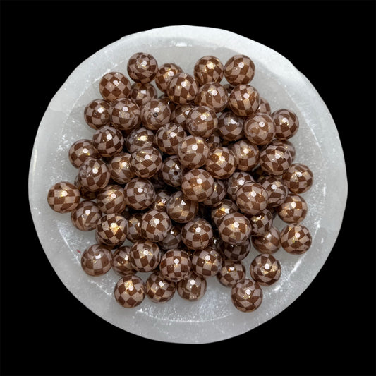 Gold Flake, Brown Checkered, Jelly Clear Liquid Silicone 15mm Printed Bead {SGC Exclusive}